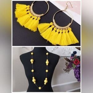 Silver And Yellow Stament Necklace And  Vibrant Yellow Tassel earrings Hoops